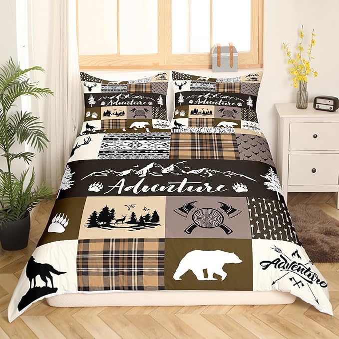 Hunting Adventure Duvet Cover Queen Size,Deer Bear Wolf Rustic Farmhouse Duvet Cover Set for Children Adult,Exotic Aztec Boho Tribal Brown Check Soft Comforter Cover for Dorm Room, Zipper, Ties