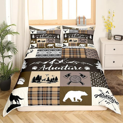 Hunting Adventure Duvet Cover Queen Size,Deer Bear Wolf Rustic Farmhouse Duvet Cover Set for Children Adult,Exotic Aztec Boho Tribal Brown Check Soft Comforter Cover for Dorm Room, Zipper, Ties