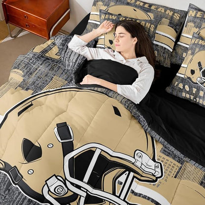 Erosebridal Classic Football City Sports Bedding Set for Boys Men Women Gridiron Bed in A Bag,Rugby Decor City Silhouette Comforter Sets with Sheets Retro Grunge Brown Bed Set Queen