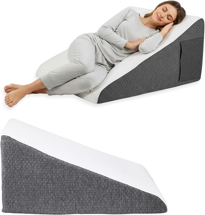 Wedge Pillow for Sleeping – Memory Foam Bed Wedge for Acid Reflux, Snoring, Back & Leg Elevation, Post-Surgery Recovery – Ergonomic Triangle Pillow with Removable White & Grey Washable Cover