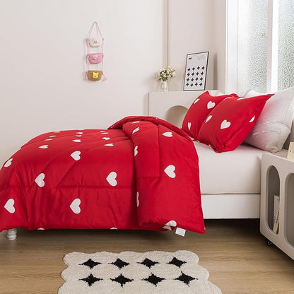 Caressma Love Queen Comforter Set - Romantic White Heart Print Red Bedding Comforter 3 Pieces Matching Pillowshams