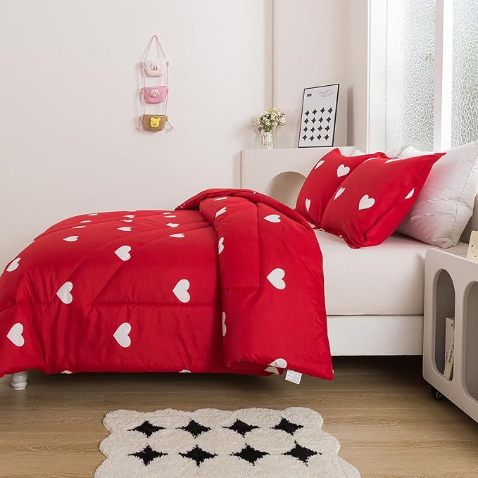 Caressma Love Comforter Set King Size - Cute White Heart Print Red Bedding Comforter 3 Pieces Matching Pillowshams