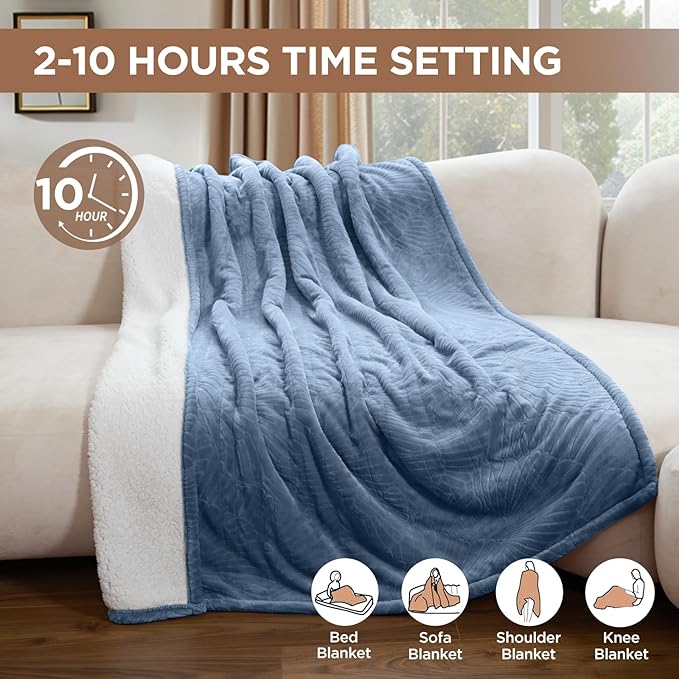 Westinghouse Electric Throw Blanket, Flannel Sherpa Heated Throw with 6 Heating Levels and 2-10 Hours Auto-Off, Flower Jacquard Heated Blanket, Fast Heating & ETL Certification, 50" x 60" Inch, Blue