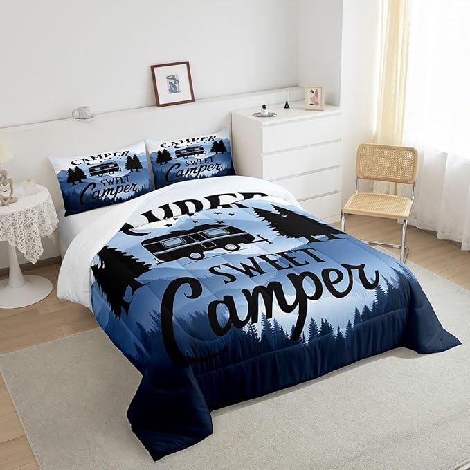 Feelyou Camper Comforter Set Kids Farmhouse Happy Camping Bedding Set Queen Women Men Nature Travel Decor Comforter Ultra Soft Microfiber Rustic Camper Van Quilted Set Bedroom Comforter Inner Fill