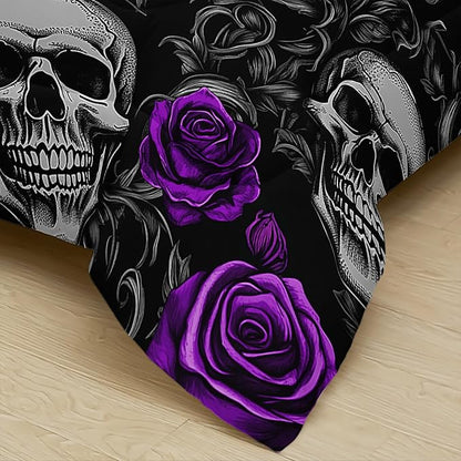 Sugar Skull Queen Size Comforter Set Floral Bedding Set,Gothic Skull Bedding Set for Boys Girls,Skeleton Bone Rose Blossoms Print Halloween Quilt Set,Horror Comforter Set for Bedroom Decor