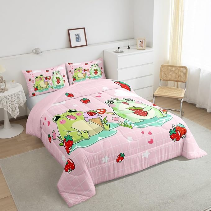 Cartoon Frog Comforter Set King Size Red Mushroom Strawberry Bedding Set for Kids Girls Boys Teens Bedroom Decor Cute Stars Cloud Pink Grid Quilt Set Kawaii Animals Plants Duvet Insert 3Pcs