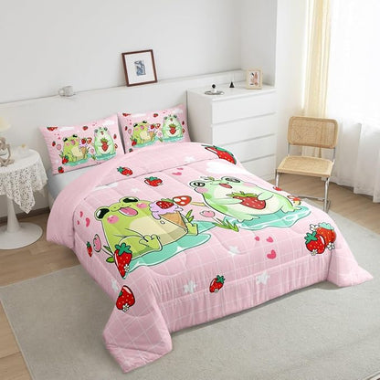 Cartoon Frog Comforter Set King Size Red Mushroom Strawberry Bedding Set for Kids Girls Boys Teens Bedroom Decor Cute Stars Cloud Pink Grid Quilt Set Kawaii Animals Plants Duvet Insert 3Pcs