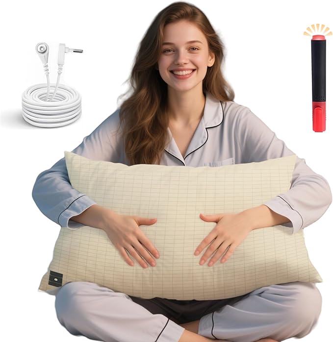 Ali King Grounding Pillowcase, 5% Conductive Silver + 95% Soft Cotton King Size Earth Grounding Pillow Cases with Grounding Cord for Improve Sleep (Beige, King (20x36inches))