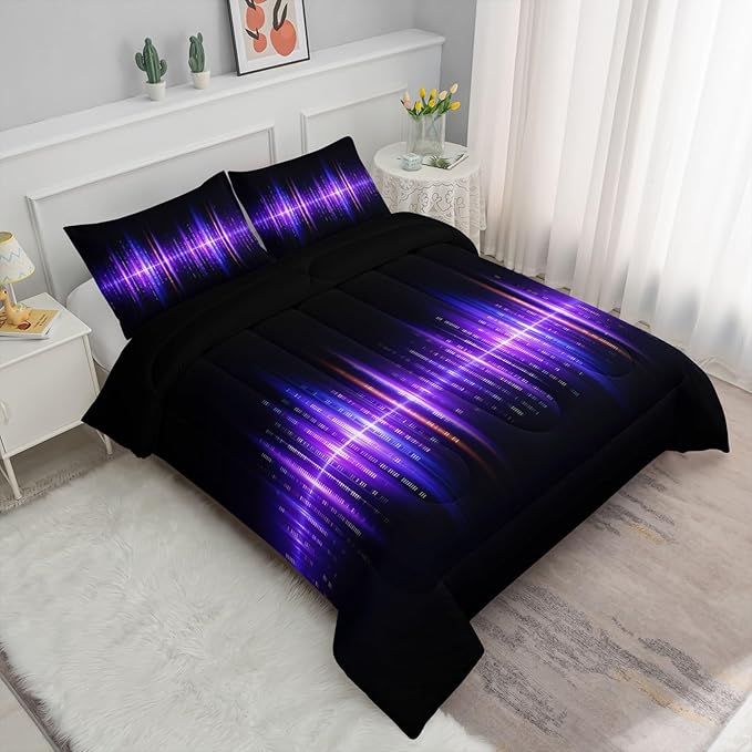 Geometric Stripes Comforter Set Purple Gradient Lines Printed Bedding Set with 1 Comforter and 2 Pillowcases for Boys and Girls Bedroom All Season(Line Queen)