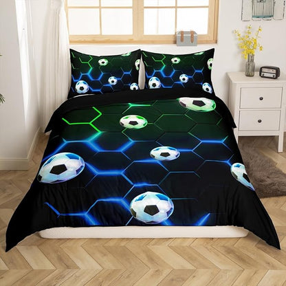 Castle Fairy Sports Football Comforter Covet Full Size,Green and Blue Honeycomb Hexagon Duvet Cover with 2 Pillowcases,Geometric Theme Bedding Set for Girls Teens Room Soft Polyester Bedspread