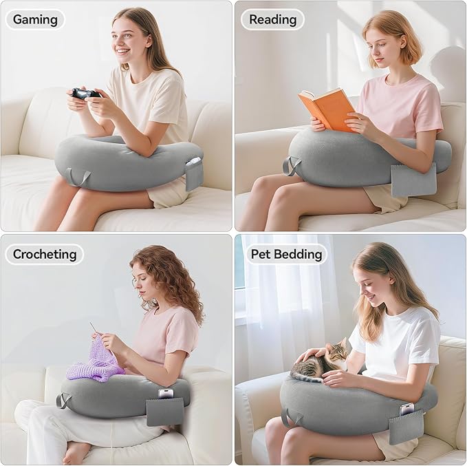Crochet & Reading Pillow for Lap Support, Gaming Lap Desk Pillow, Sitting on The Bed/Sofa/Floor for Knitting, Large & Ergonomic Arm Rest Support, Pet Bed for Ipad/Laptop/Kindle - Grey