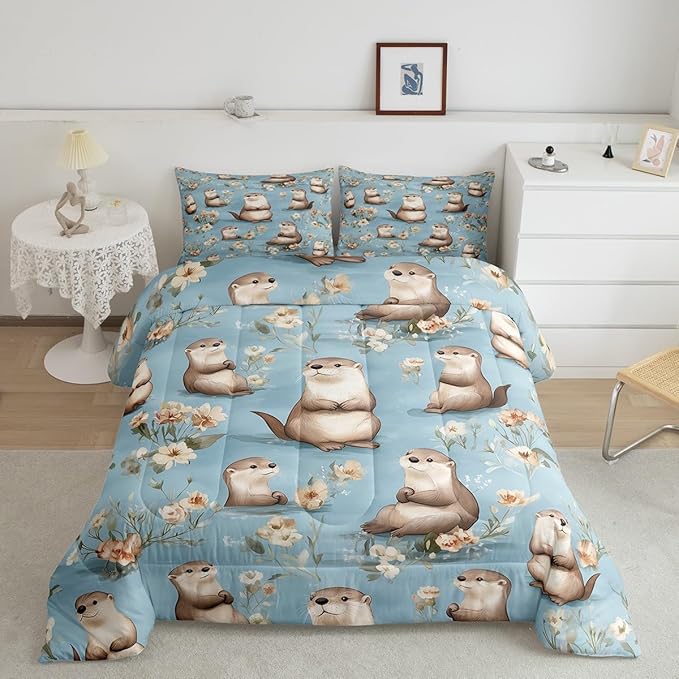 Cartoon Otter Comforter Set Toddler Size 2 Pcs Cute Gray Wild Animal Decor Bedding Sets for Kids Boys Girls Teens Watercolor Retro Flowers Rustic Style Quilted Comforter with 1 Pillowcase