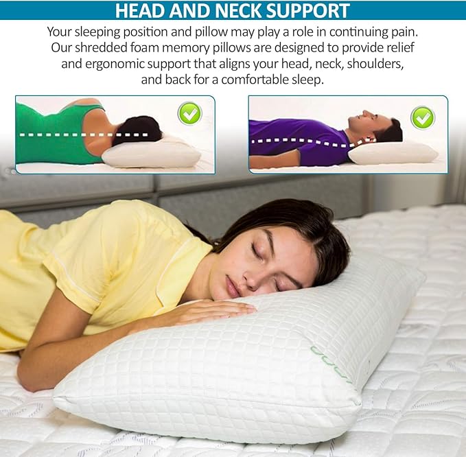 Queen Size Rayon Derived from Bamboo Pillows, Cooling Shredded Memory Foam Pillow Sets for Sleeping for Back, Stomach, Side Sleepers, Adjustable, Washable Cover, Queen (Pack of 1)