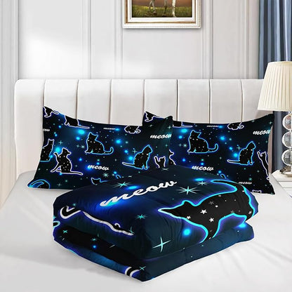 Kawaii Pet Cat Comforter 3Pcs Full Gradient Line Cute Kitten Animal Bedding Set for Kids Teens Girls Boys Cat Glitter Polka Dots Pattern Quilt Bed Decor with 1 Comforter and 2 Pillowcases