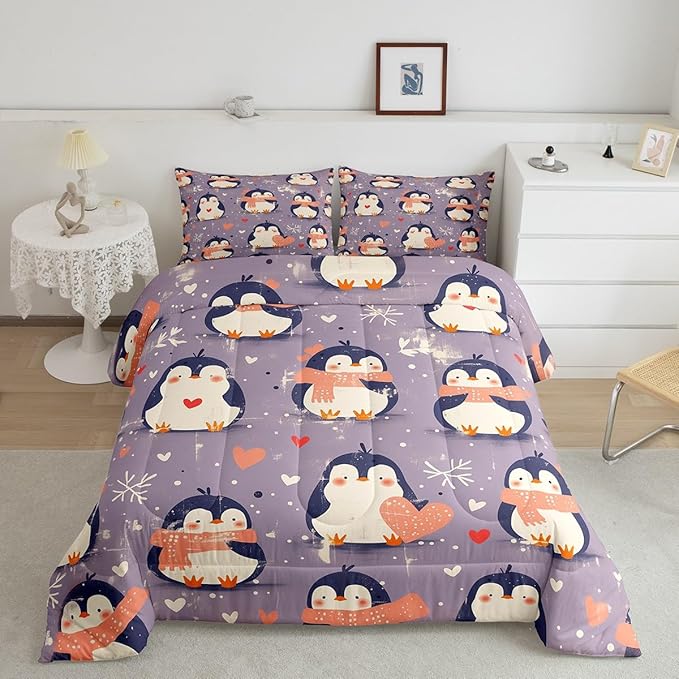Kawaii Penguin Bedding Set Toddler Size Pink Love Heart Comforter for Child Teens Cartoon Antarctic Animals Down Comforter Winter Snowflake Duvet Insert with 1 Pillowcase