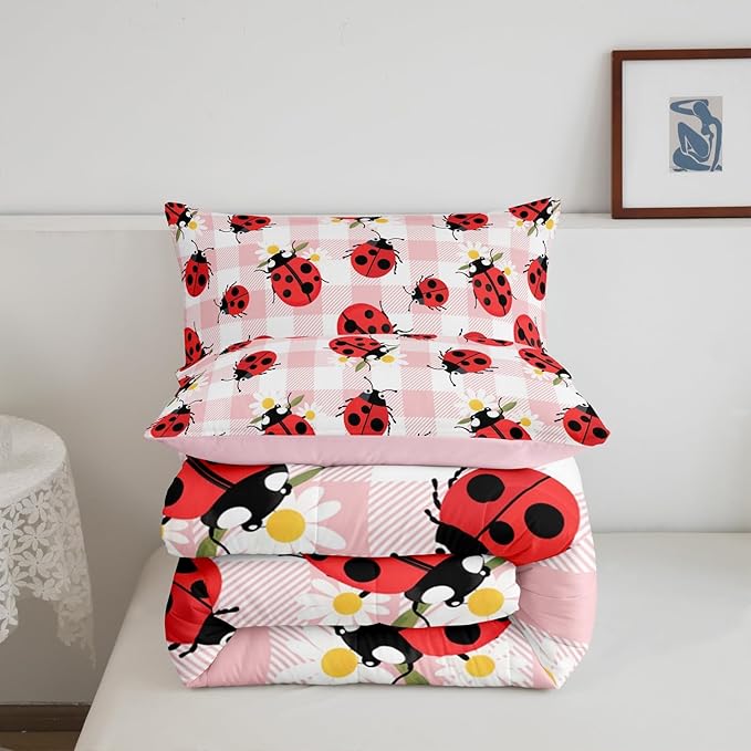 Cartoon Ladybug Bedding Set Twin Size Rustic Pink Plaid Comforter Set for Kids Teens Room Decor Cute Dasiy Flower Duvet Insert Geometric Polka Dots Down Comforter Set,2Pcs