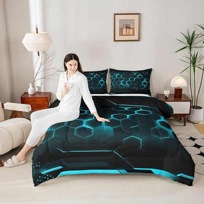 Geometric Honeycomb Hexagon Comforter Set Full Size Neon Black Blue Bedding Set for Kids Boys Teens Room Decor Video Games Quilted Duvet Modern Fashion Duvet Insert 3pcs with 2 Pillowcases