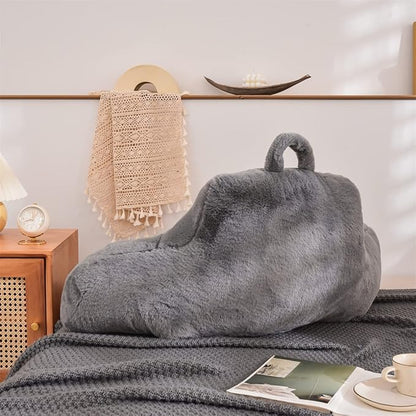 Holawakaka Standard Faux Fur Bed Rest Pillow with Arms, Artificial Rabbit Fur Reading Pillows Perfect for Adults, Teens, Kids, Pregnancy Lumbar & Head Neck Coccyx Lower Back Support Cushion (Grey)