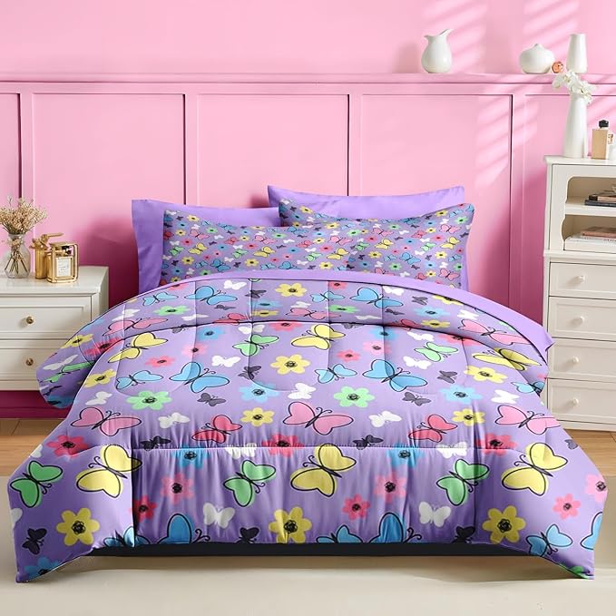Nesker 7 Pcs Comforter Set Queen Size, Colorful Butterfly Bedding for Kids Teen, Cute Cartoon Flowers with Fitted Sheet 2 Pillowcases & 2 Shams for Bedroom Bed Decor