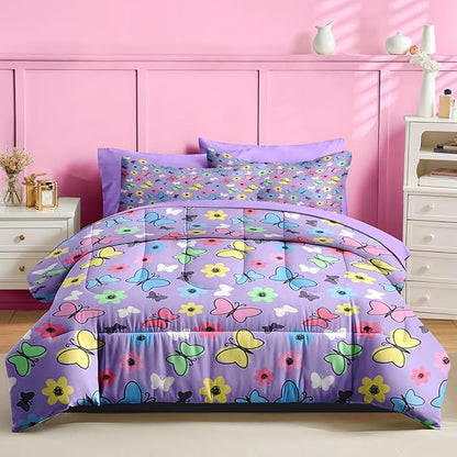 Nesker 7 Pcs Comforter Set Queen Size, Colorful Butterfly Bedding for Kids Teen, Cute Cartoon Flowers with Fitted Sheet 2 Pillowcases & 2 Shams for Bedroom Bed Decor