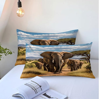 Elephant Duvet Cover Set African Wild Animal Elephant Population Wild Natural Scenery Print Bedding Quilt Set for Kids Boys Girls Teens Living Room Decorative,Full