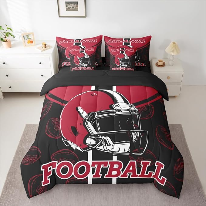 Feelyou Football Comforter Set with Sheets 7 Piece Queen Size Ball Games Bedding Set for Kids Boys Girls Rugby Bed in a Bag City of Footballs Room Decor Rugby Sports Soft Lightweight