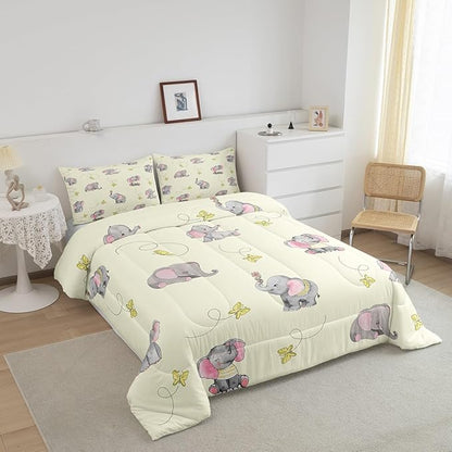 Kawaii Elephant Bedding Sets Full Size,Yellow Butterfly Cartoon Wildlife Reversible Down Comforter Breathable Polyester Quilt Set,Watercolor Grey Pink Animal Duvet Insert,2 Pillowcases