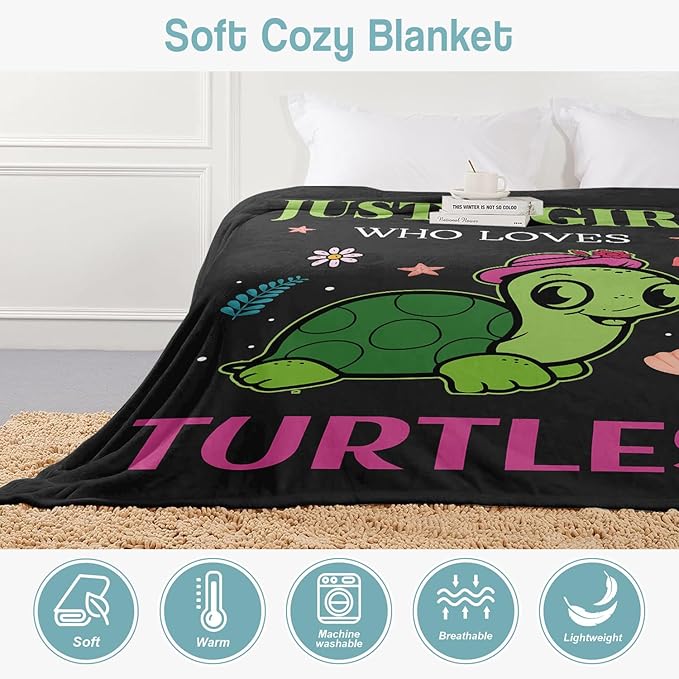 Turtle Lover Blanket, Just A Girl Who Loves Turtles Blanket, Soft Warm Cozy Fleece Throw, Gifts for Girls Women Kids, 60"x80", Black