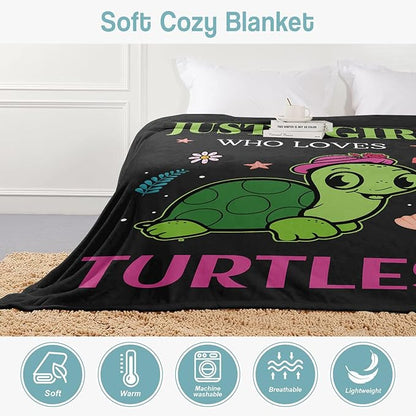 Turtle Lover Blanket, Just A Girl Who Loves Turtles Blanket, Soft Warm Cozy Fleece Throw, Gifts for Girls Women Kids, 40"x50", Black
