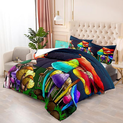 Mushroom Comforter Set Queen Size, Cute Mushroom Patterns Bedding Sets for Boys Bedroom, Girls Ultra Soft Comforter Set Queen Size 3Pcs with Pillowcases