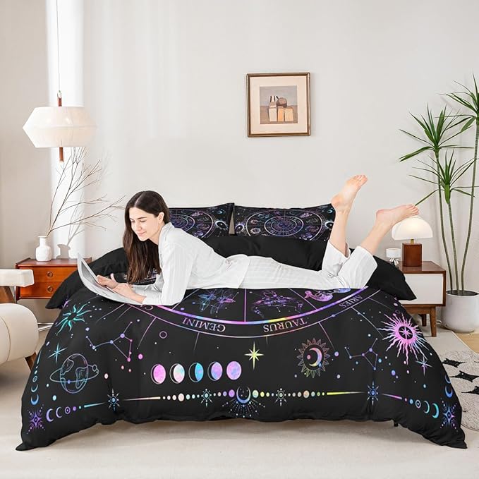 Sun and Moon Duvet Cover Set Queen Size,Starry Galaxy Zodiac Constellation Bedding Set 3Pcs for Kids Boys Girls Room Decor,Neon Blue Purple Comforter Cover Hippie Boho Quilt Cover,2 Pillowcases
