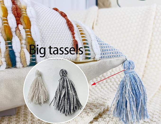 Boho Throw Pillow Covers 18x18 Aesthetic Neutral Boucle Couch Pillow Cover Rainbow Striped Decorative Accent Pillow Case for Couch Bed Sofa Farmhouse Bedroom,Modern Funky,Set of 2 Light Blue