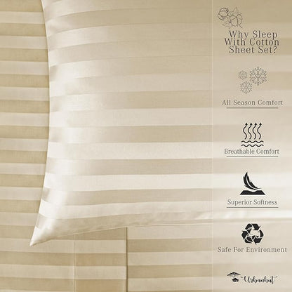 URBANHUT 1000 Thread Count Damask Striped Full Size Egyptian Cotton Sheets, Long Staple Soft & Breathable, 4 Pc Bed Sheet Sets, Luxury Hotel Sateen Sheets Fits 16" Deep Pocket - Sand