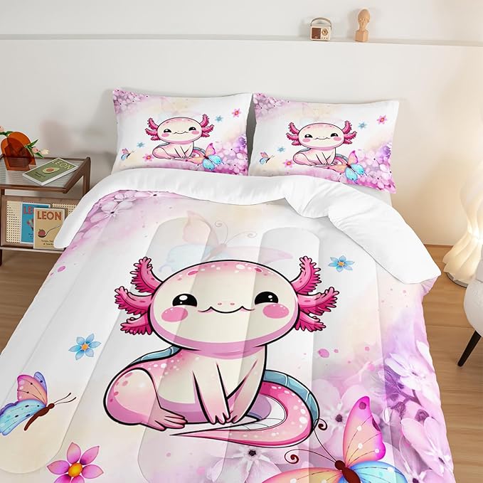 Cartoon Axolotl Comforter Kids Bedding Set,Axolotl Flower Butterfly Bedding Queen Size for Boys Girls Room Kawaii Decor,Pink Toddler Comforter Sets with 2 Pillowcases.