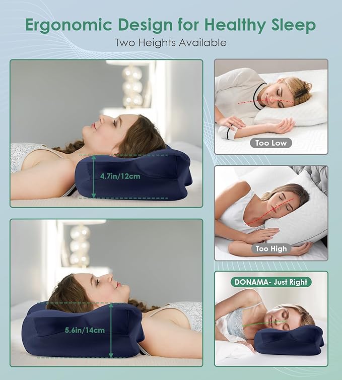 DONAMA Cervical Neck Pillow- Ergonomic Pillows for Pain Relief, Contour Memory Foam Pillow for Side/Back/Stomach Sleepers, CertiPUR-US Certified with Cooling Ice Silk Pillowcase