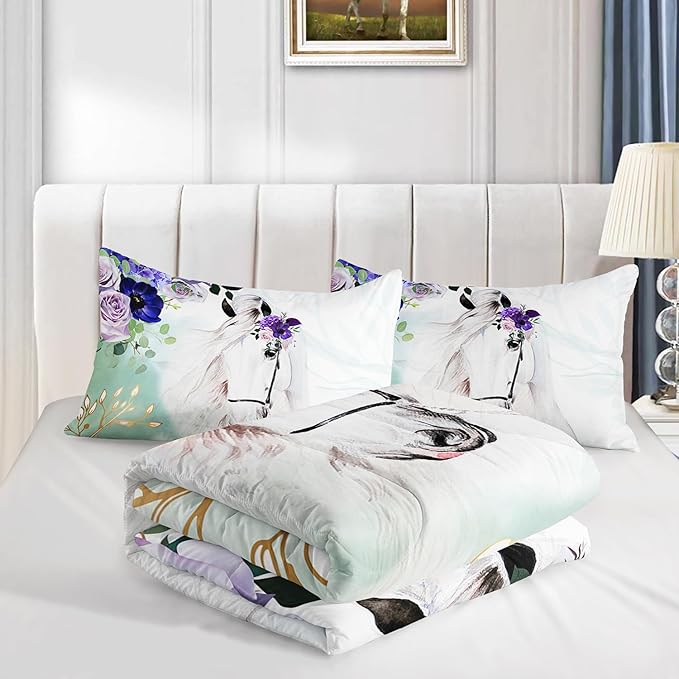Floral Kid Galloping Horse Comforter Set Full Animal Theme Handsome Horse Bedding Set Decorated with Green and Gold Leaves for Boys Girls Adult, 1 Comforter + 2 Pillowcases
