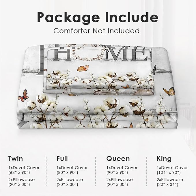 Cotton Flower Theme 3 Pieces Duvet Cover Comforter Set with 2 Pillowcase King Size White Floral Bed Sheet Quilt Bedroom Bedding for Lover Kids