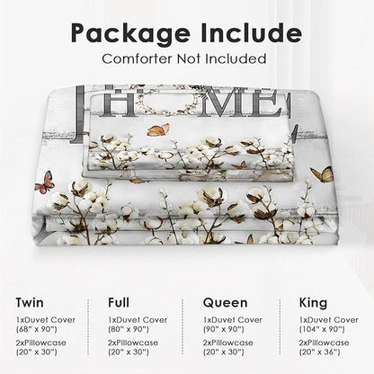 Cotton Flower Theme 3 Pieces Duvet Cover Comforter Set with 2 Pillowcase King Size White Floral Bed Sheet Quilt Bedroom Bedding for Lover Kids