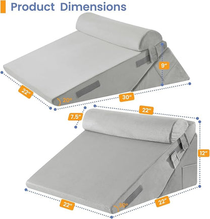 Sasttie Wedge Pillow Set for After Surgery, 2PCS Adjustable Bed Wedge Pillow Headboard with Memory Foam Neck Cushion – for Acid Reflux, Sleeping, Neck & Back Support, Velvet & Light Grey