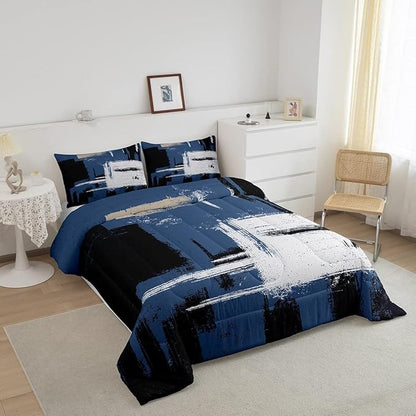 Feelyou Abstract Bedding Set Comforter Set for Kids Boys Girls Teens Room Decor Modern Abstract Art Comforter Blue Black Grey Duvet Set 3Pcs Full Size