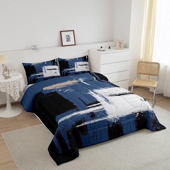 Abstract Bedding Set Comforter Set for Kids Boys Girls Teens Room Decor Modern Abstract Art Comforter Blue Black Grey Duvet Set 2Pcs Toddler Size