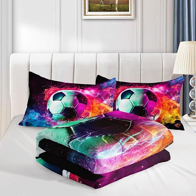 Kids Comforter Set Flame Soccer Printed Pattern Bedding Set with 1 Comforter and 2 Pillowcases for Girls Boys Bedroom All Season(Flame SoccerQueen)