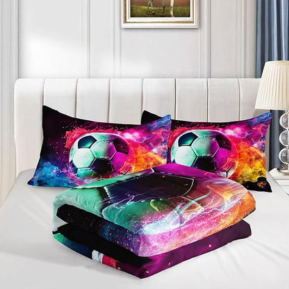 Kids Comforter Set Flame Soccer Printed Pattern Bedding Set with 1 Comforter and 2 Pillowcases for Girls Boys Bedroom All Season(Flame SoccerQueen)