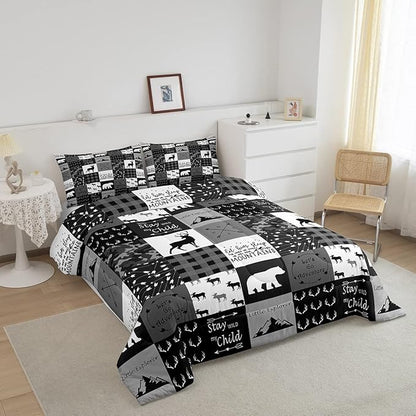 Feelyou Cute Deer Comforter Set Wild Deer Hunting Decor Comforter Soft Quilt for Kids Boys Antlers Wild Animal Natural Bedding Set,Black Grey with 2 Pillowcases 3Pcs Bedding King Boys