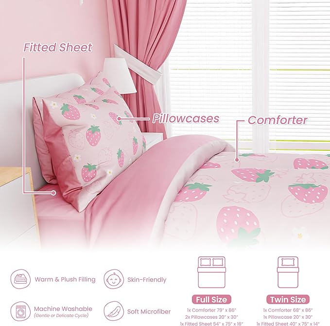 SANDJEST Strawberry Comforter Set Full Size 98x86in for Kids Girls, Microfiber 4 Pcs Bedding Set Includes 1 Comforter, 2 Pillowcases, 1 Fitted Sheet, Nursery Room Decor