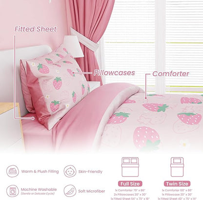 SANDJEST Strawberry Comforter Set Full Size 98x86in for Kids Girls, Microfiber 4 Pcs Bedding Set Includes 1 Comforter, 2 Pillowcases, 1 Fitted Sheet, Nursery Room Decor