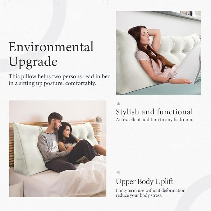 Headboard Wedge Pillow Large Reading Pillow Queen Size Bed Rest Back Support Pillow for Sitting up in Bed Daybed Couch Backrest Cushion Velvet Off-White
