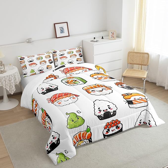 Feelyou Sushi Pattern Comforter Set Japanese-Style Bedding Set for Kids Boys Girls Teens Food Theme Comforter Cute Cartoon Japanese Sushi Duvet Set Room Decor Quilt Set Queen Size Microfiber