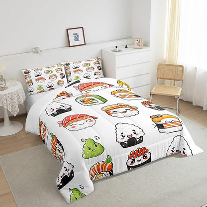 Feelyou Sushi Pattern Comforter Set Japanese-Style Bedding Set for Kids Boys Girls Teens Food Theme Comforter Cute Cartoon Japanese Sushi Duvet Set Room Decor Quilt Set Queen Size Microfiber