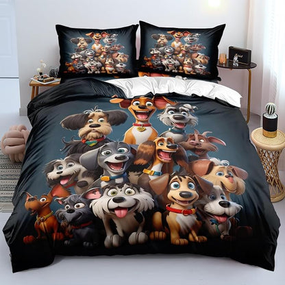 Queen Size Duvet Cover Dogs Bedding Sets Cute Kids Comforter Cover Sets for Boys Girls Cartoon Animals Beding Cover Set,Includ 1 Duvet Cover and 2 Pillow Shams